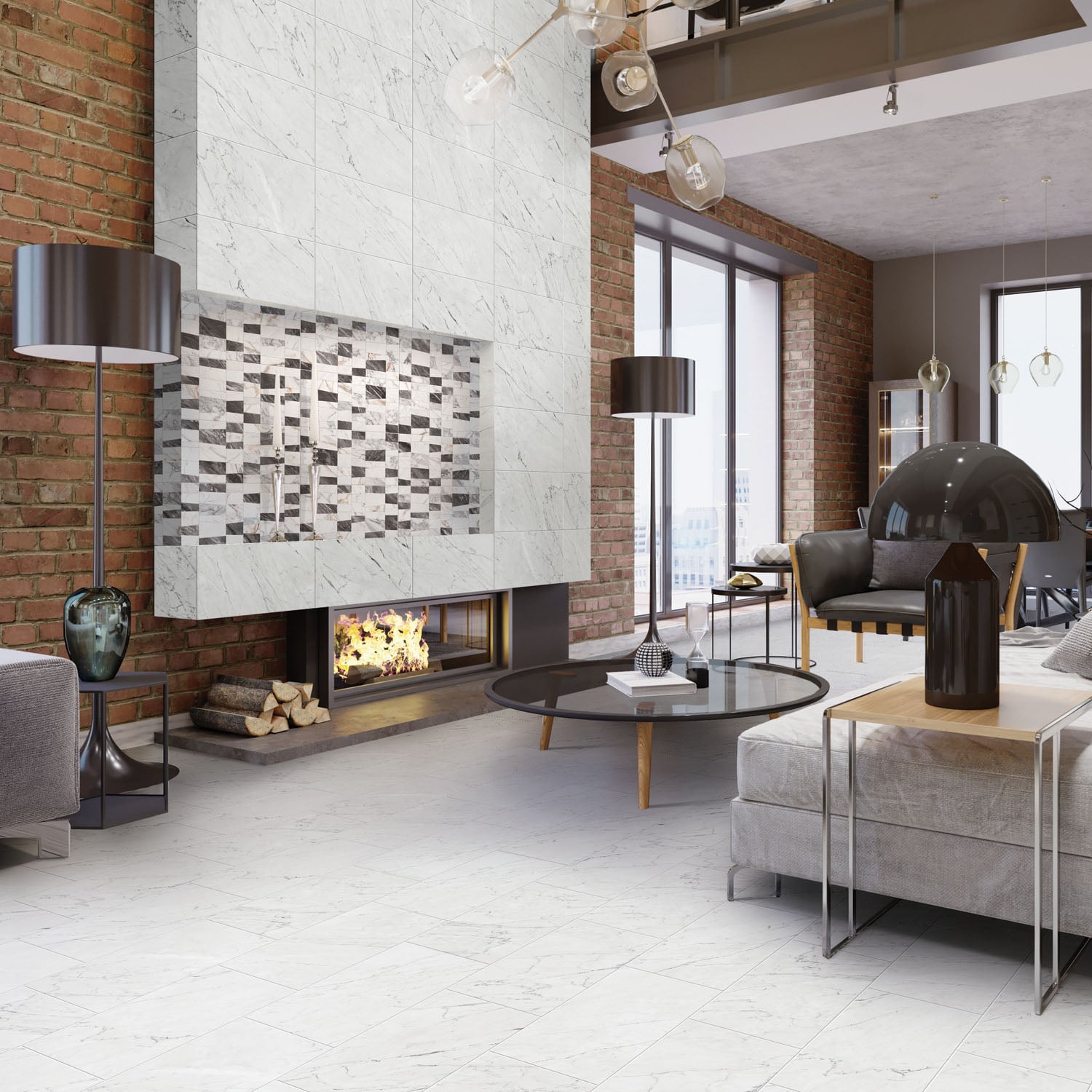 Loft living room with a bookmatched marble fireplace and exposed brick